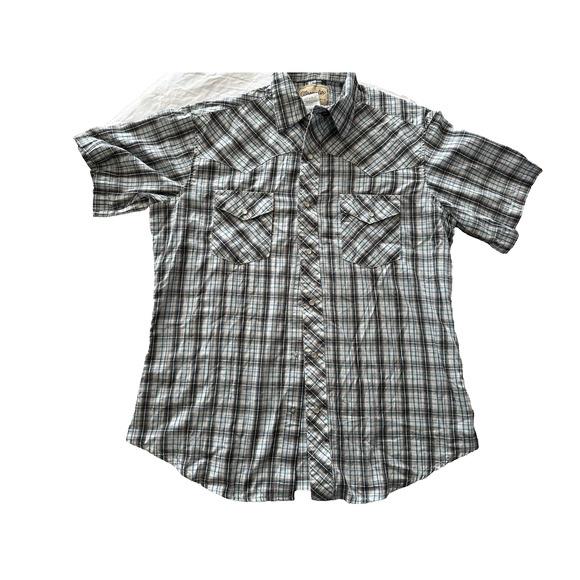 Wrangler Western Shirt, Button White/BLK/BLU Large Plaid Short Sleeve Pearl Snap - Picture 1 of 12